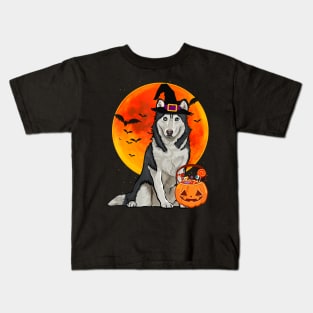 Dog Halloween Siberian Husky Jack O Lantern Pumpkin Kids T-Shirt